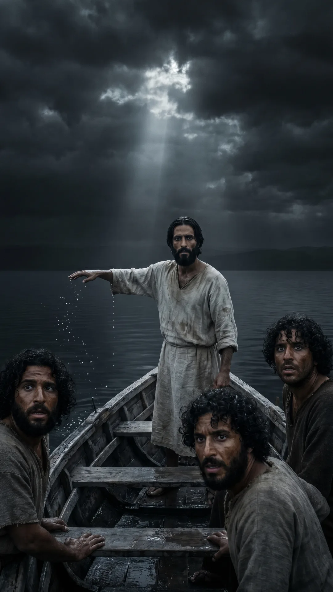Cinematic scene of the storm stilled on the Sea of Galilee, Mark 4