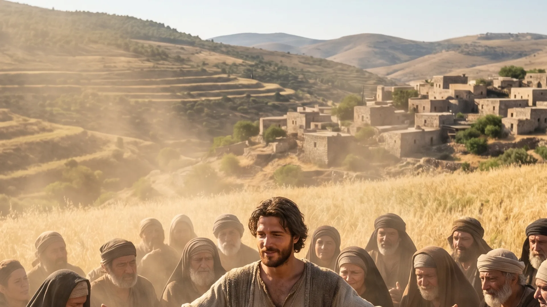 Cinematic scene of rest offered to the weary, Matthew 11